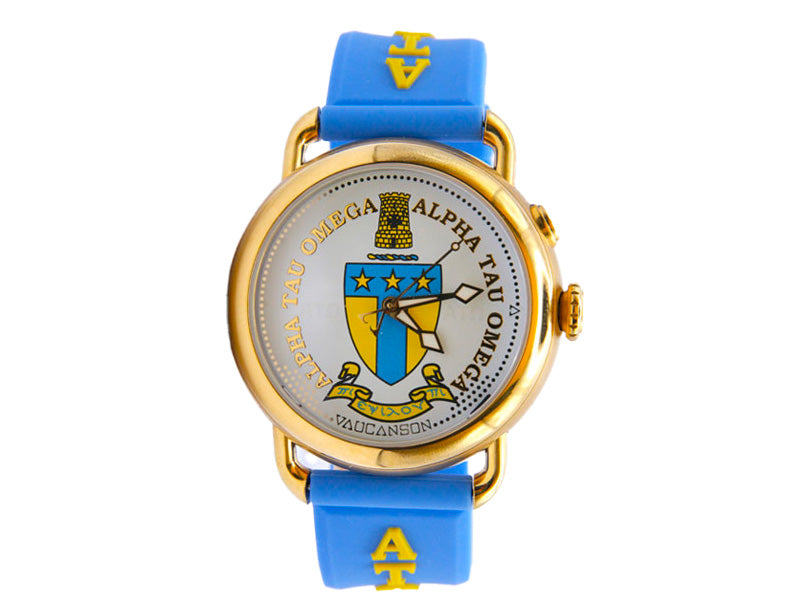 Alpha Tau Omega Watch Blue Dial Front View – OMG Watch Co. Officially Licensed Swiss-Made